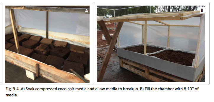 Fig 9-4 A) soak compressed coco coir media and allow media to brakeup B) fill the chamber with 8-10 inches of media.